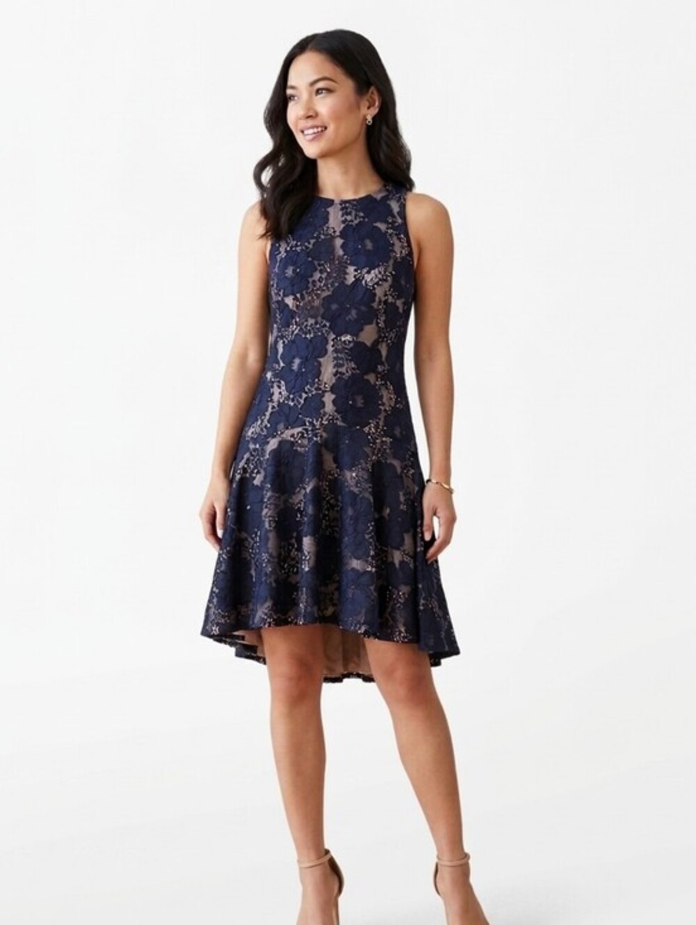 Eliza J Sleeveless Petite FloralLace Drop Waist Mini Dress Dark Navy Size 2P